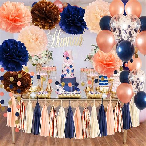 Buy Navy Rose Gold Birthday Decorations for Women/Gender Reveal Party ...