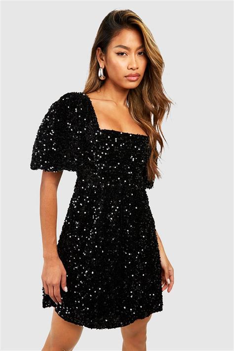 Sequin Puff Sleeve Square Neck Smock Party Dress | boohoo