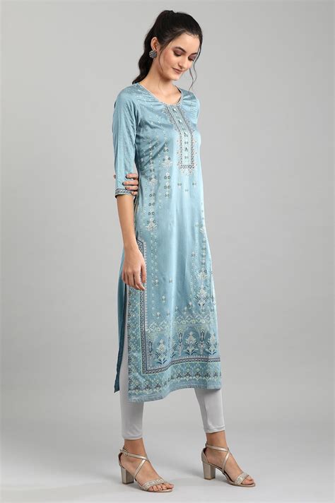 Buy Sea Blue Ethnic Straight kurta in Round neck Online for Woman ...