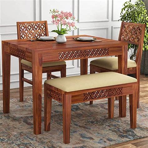 Nikunj Wooden Art Sheesham Wood 4 Seater Dining Table Set with 2 Chairs ...