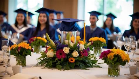 A festive graduation scene with a cap and a floral centerpiece ...