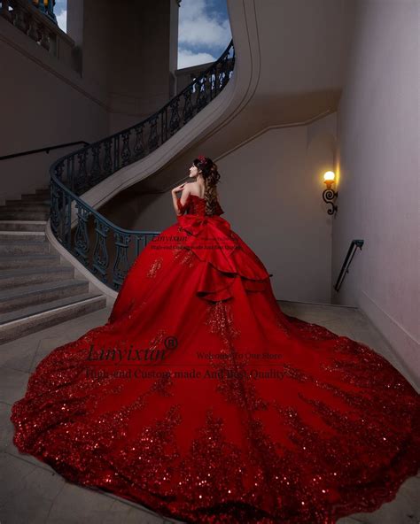 Shiny Red Quinceanera Dress Ball Gown Sequins Lace Applique Sweet 16 ...