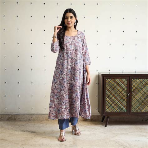 Purple Block Print Cotton A-Line Sanganeri Kurta for Women