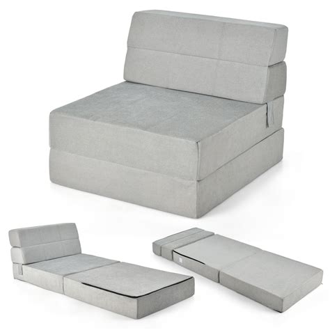 Costway Foldable Futon Sofa Bed, Tri-Fold Grey Lounger Convertible ...
