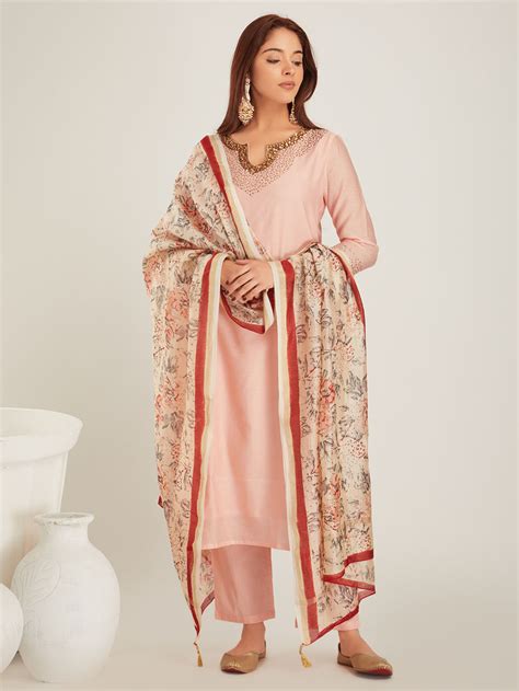 Blue Hand Embroidered Chanderi Silk Suit- Set of 3