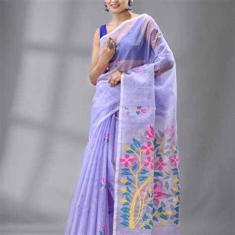 Periwinkle Muslin Silk Handwoven Jamdani Saree With Floral Motifs ...