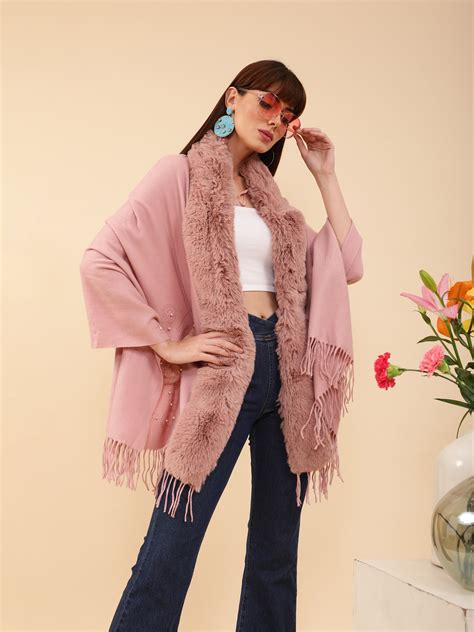 Women Swarovski Detail Furry Pink Stole