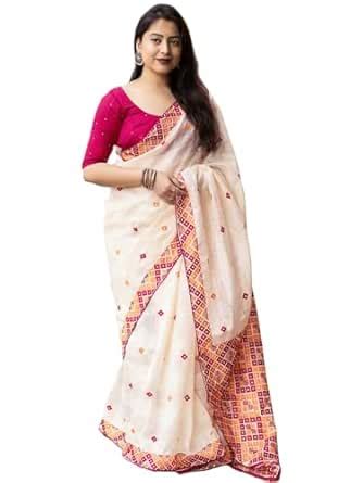Buy Pandadi Saree Women's White Kota Silk Embroidery Work Zari Woven ...
