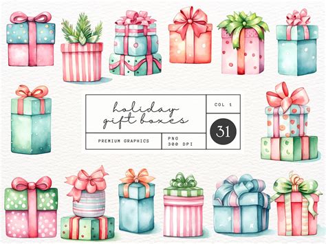 Watercolour Christmas Gift Graphics Set - 31 Premium Illustrated Clip ...