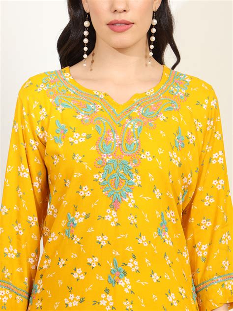 Yellow Color Viscose Cotton Kurta with Multi Color Thread Embroidery ...