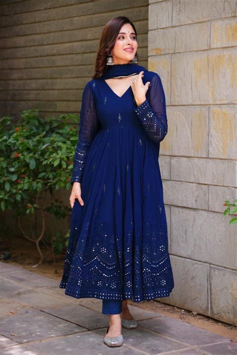 Glimmering Blue Color Sequence Thread Work Anarkali Gown – subhvastra