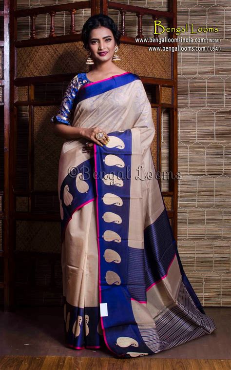 Cotton Silk Banarasi Saree with Satin Border in Beige and Blue – Mohi ...