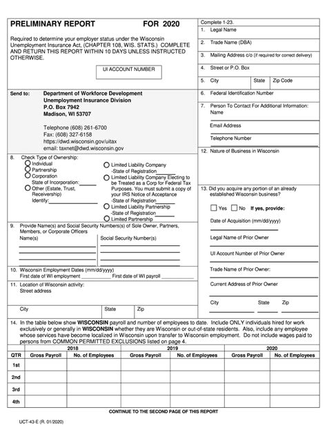 Fillable Online dwd wisconsin UCT-43-E, Preliminary Report for 2020 ...