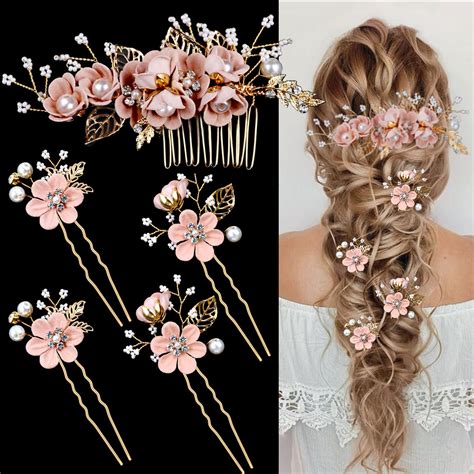 Amazon.com : 5 Pieces Bridal Flower Wedding Hair Pins Crystal Pearl ...