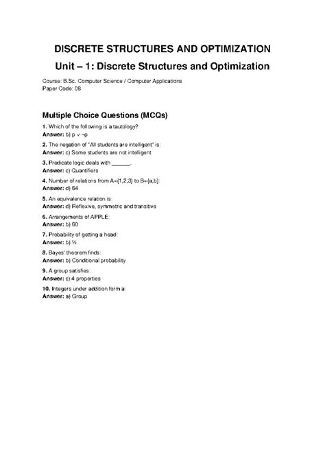 B.Sc. CS Paper 08: Unit 1 Discrete Structures & Optimization MCQs - Studocu