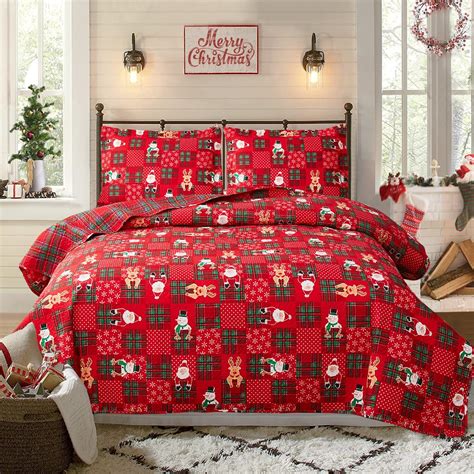 Amazon.com: Christmas Quilt Set King Size Xmas Bedding Red Buffalo ...