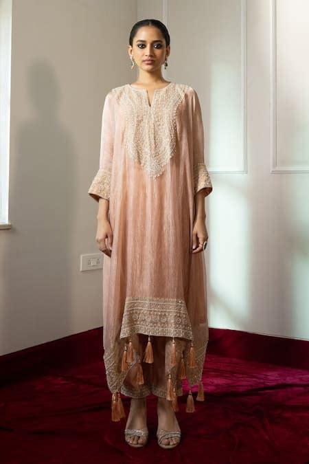 Buy Peach Crepe, Cotton Tassels Round Neck Dori Embroidered Kaftan And ...