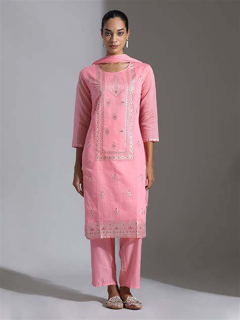 Embroidered Chanderi Cotton Kurta Set With Dupatta