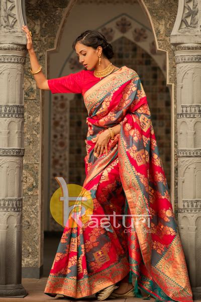Red and grey traditional banarasi saree – Kasturi Creations