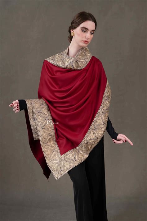 Pashtush Womens 100% Pure Wool Shawl, Metallic Tilla Embroidery, Borde ...