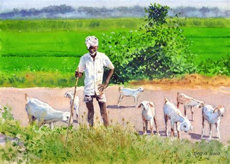 "Minding His Herd 2": Green Watercolor Painting by Ramesh Jhawar ...
