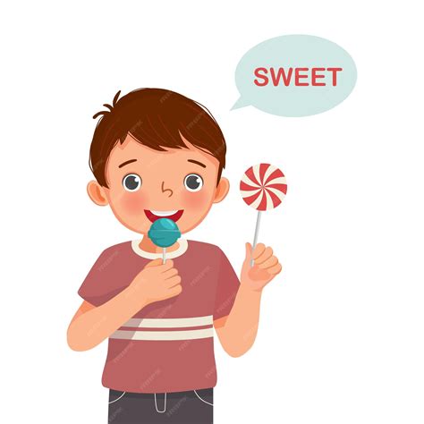 Cute little boy holding lollipop candy showing sweet taste of tongue five senses | Premium Vector