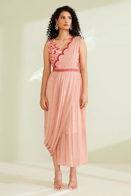 Buy Peach Viscose, Georgette Embroidery, Beads V-neck Naisha Drape ...