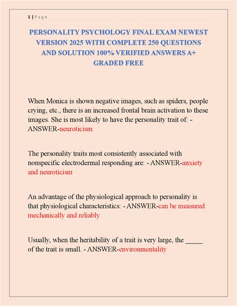 PERSONALITY PSYCHOLOGY FINAL EXAM NEWEST VERSION 2025 WITH COMPLETE 250 ...