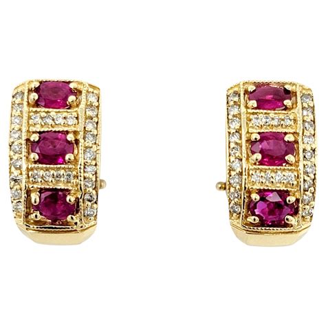 Natural Ruby and Diamond Huggie Half-Hoop Earrings in 14 Karat Yellow ...