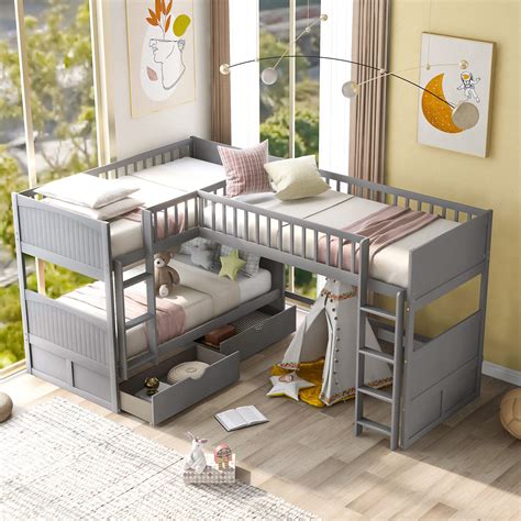 Buy L-Shaped Bunk Bed with Drawers,Twin Over Twin Triple Bunk Beds and ...