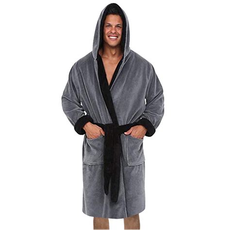 WNEGSTG Mens Hooded Robe Plush Long Bath Robes Cozy Warm Bathrobe Fuzzy ...