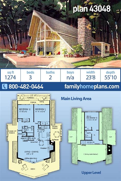 Plan 43048 | A-Frame House with 3 Bed, 2 Bath | Cabin house plans, A ...