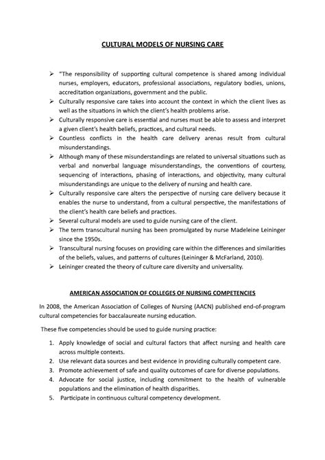 Cultural Models OF Nursing CARE - CULTURAL MODELS OF NURSING CARE “The ...