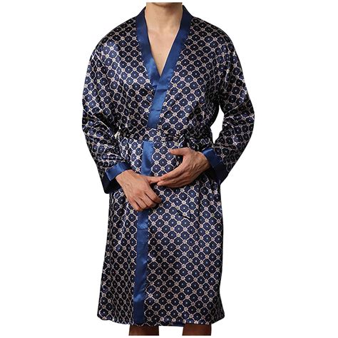 Penkiiy Simulated Silk Bathrobes Men Solid Casual Long Sleeves Lace-up ...