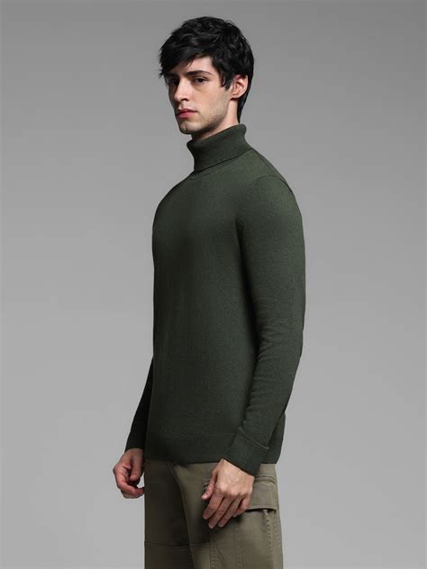 Green Turtle Neck Flat Knit Pullover