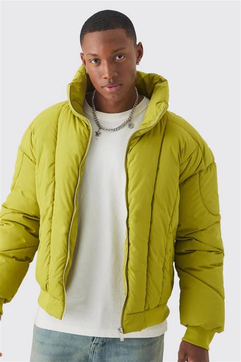 Boxy Abstract Quilted Funnel Neck Puffer In Lime | boohoo USA