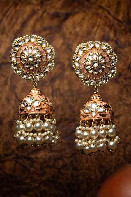 Buy Gold Plated Mughal Moti Enamel Pearl Tassel Jhumkas by Nayaab By ...