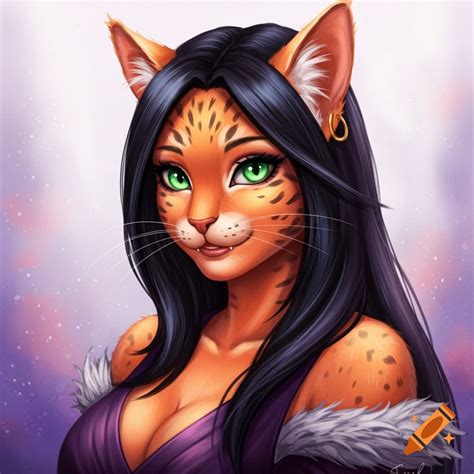 An anthropomorphic cat woman with green eyes and black hair wearing a ...