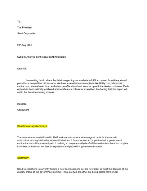 WAC Assignment 1 - To, The President Sand Corporation 26 th Aug 1961 ...