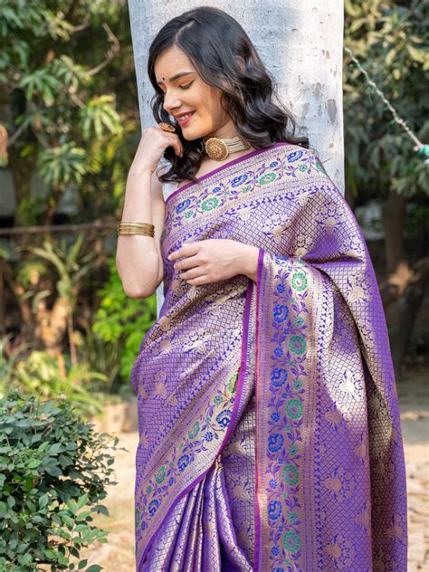 Banarasi Semi Silk Saree With Tanchoi Weaving & Contrast Border-Purple ...