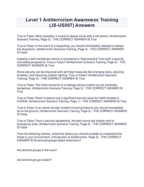 Level 1 Antiterrorism Awareness Training (JS-US007) Questions and ...