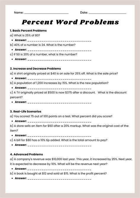 Percent Word Problems Worksheet | Learn Prints - The Learning Starts Here