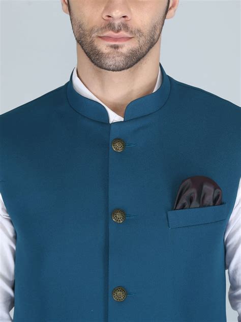 Solid Teal Blue Casual Nehru Jacket For Men | Amogue