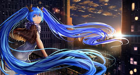 blue eyes blue hair building city clouds dress hatsune miku long hair ...