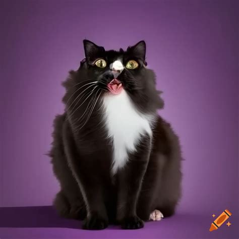 Portrait of a distinguished long-haired black tuxedo cat with a curly ...