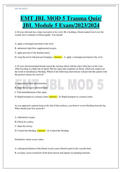 EMT JBL Module 5 Trauma Quiz/ JBL Module 5 Exam/2023/2024 Questions ...
