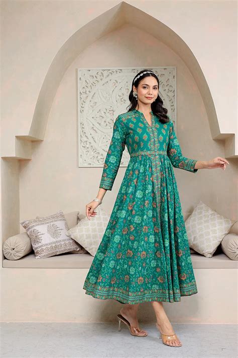 Green Anarkali Cotton Hand Block Printed Ethnic Maxi Dress – Gulab ...