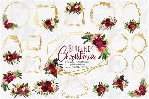 Burgundy Floral Gold Frames and Bouquets Graphic by CreartGraphics ...
