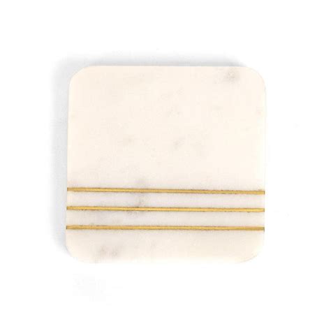 Decorative White Marble Square Coasters With Golden Brass Stripes Set ...