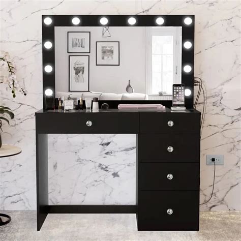 Wikky Lighted Vanity Desk with Big Mirror and Built-in Lights 5 Drawers ...